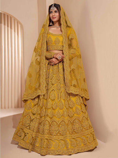Beautiful Mustard Yellow Net Function Wear Lehenga Choli With Dupatta